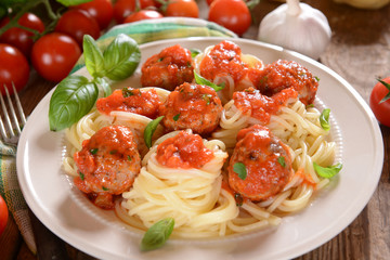 Spaghetti pasta with meat balls and tomato suace