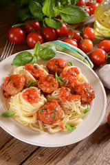 Spaghetti pasta with meat balls and tomato suace