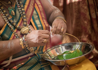 Priest preparing thali at a Ceylonese Hindu wedding
