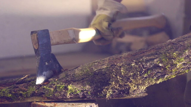 With an axe chopping the log 
