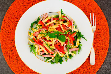 Salad with Arugula, Scrambled Eggs, Ham, Cheese, Peppers