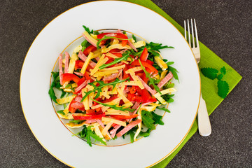 Salad with Arugula, Scrambled Eggs, Ham, Cheese, Peppers