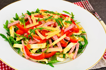 Salad with Arugula, Scrambled Eggs, Ham, Cheese, Peppers