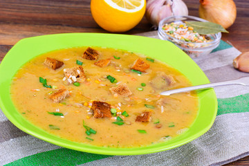 Healthy and Diet Food: Soup with Lentils, Celery.