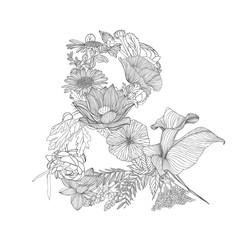  Ampersand symbol. linear floral alphabet