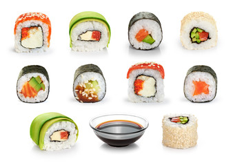 Sushi rolls and soy sauce isolated on white background.