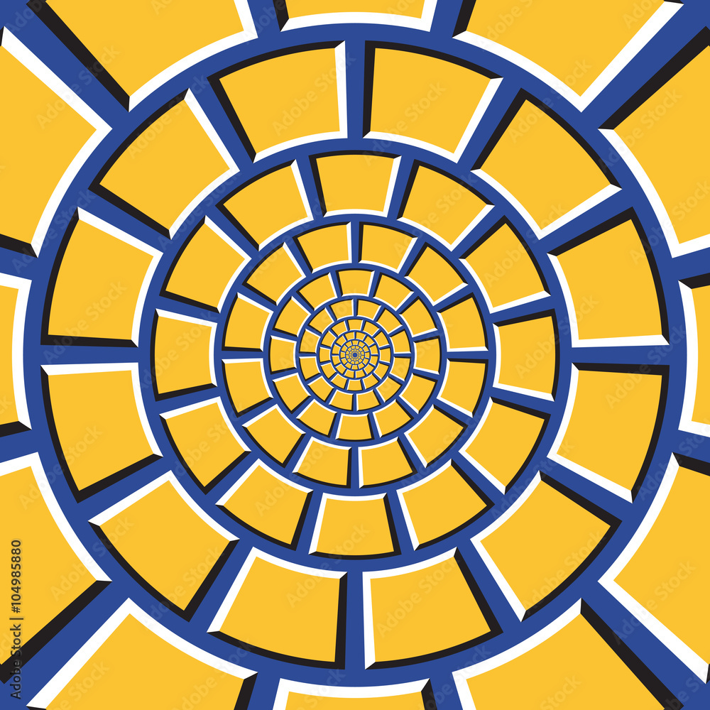 Poster optical illusion background. yellow quadrangles are moving circularly toward the center on blue back