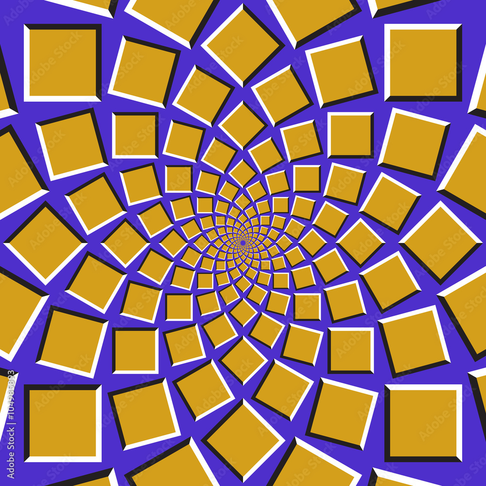 Aufkleber optical illusion background. golden squares are moving circularly toward the center on blue backgrou
