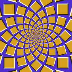 Optical illusion background. Golden squares are moving circularly toward the center on blue background. Abstract background in form of concentric web.
