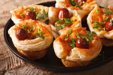 Tasty muffins with sausage and cheese close-up. horizontal
