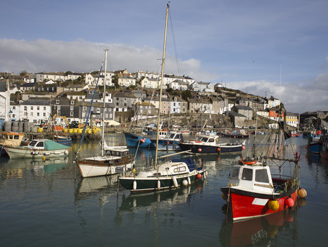 Colorful boats and houses of Mevagissey, town and harbour, Cornwall, England, UK.