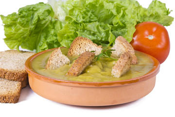clay plate with soup and vegetable soup isolated
