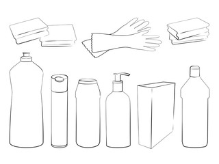 Hand drawn set of products for housekeeping and cleaning. Sketch of elements for cleaning isolated on white background.  Black and white outline