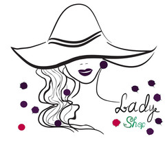 hand drawn portrait of stylish girl in hat. Good for shop logo,magazine cover, journal article, print, packaging design.