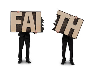 Men holding two cracked FAITH word wooden boards.