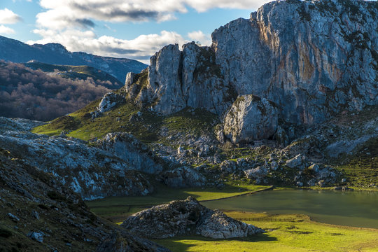 Landscapes around Lake Enol, one of the famous lakes of Covadonga, Asturias , Spain