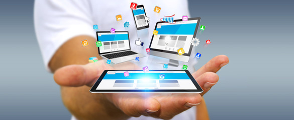 Businessman holding tech device in his hand