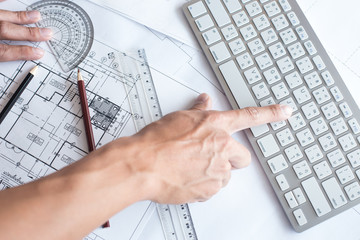 Top view of architect drawing on architectural project,Projectin