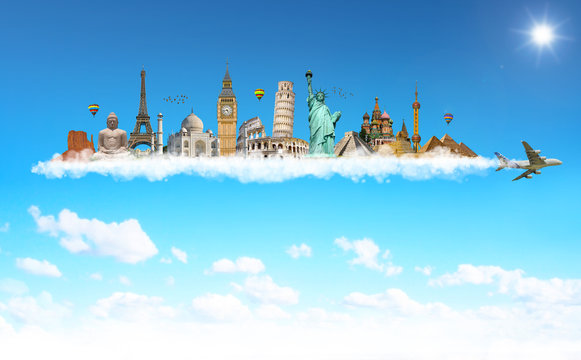Famous monuments of the world behind a plane in blue sky