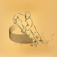 Obraz premium Hockey player races with the puck and a stick. Old paper drawing illustration.