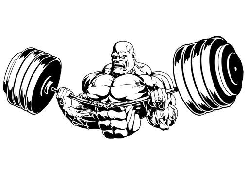 Bodybuilder flex heavy barbell,illustration,logo,ink,black and white,outline,isolated on a white