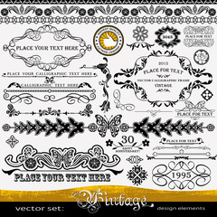 Vintage design elements: butterfly and flowers ornaments, artistic isolated dividers