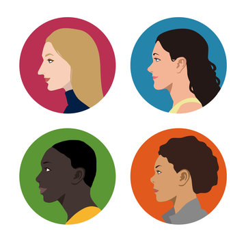 various races women profile icon set, face as seen from the side, avatar icons, vector illustration