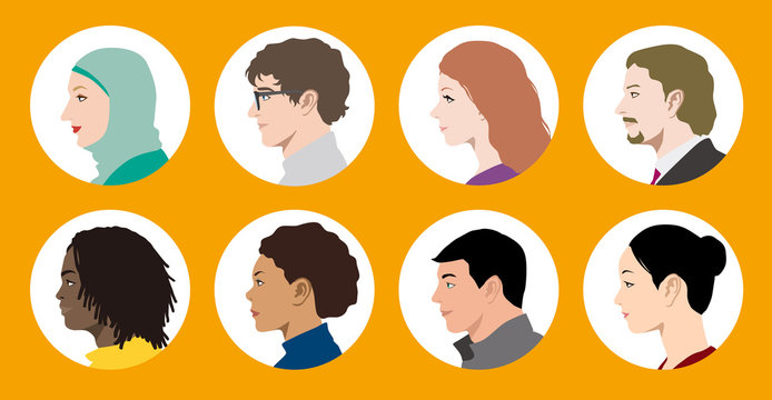 multicultural women and men profile icon set, face as seen from the side, avatar icons, vector illustration