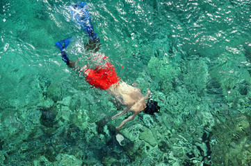 Above view of man snorkeling in the sea