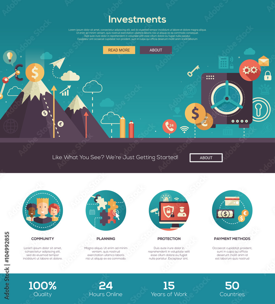 Poster flat design investments website header banner with webdesign elements