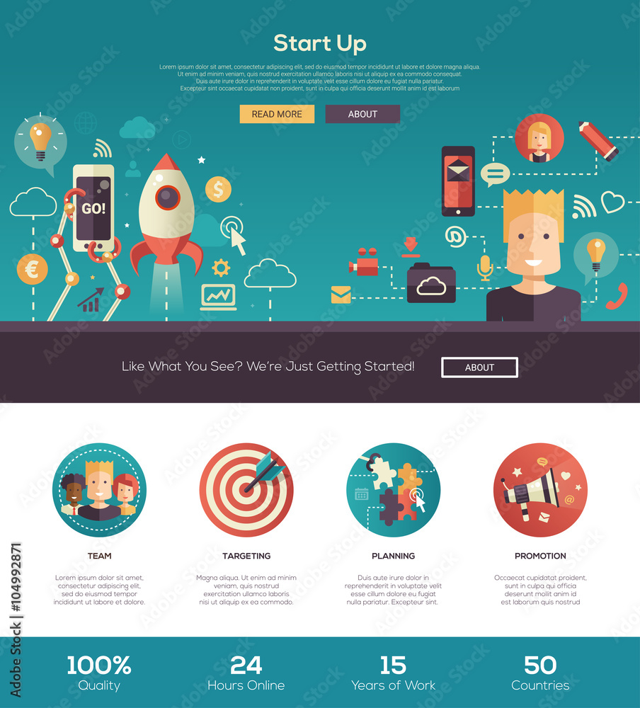 Poster flat design start up website header banner with webdesign elements