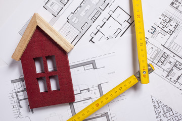 Architectural blueprints  with various instruments