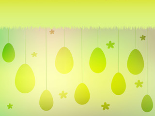 Abstract easter background with many green and yellow eggs and flowers