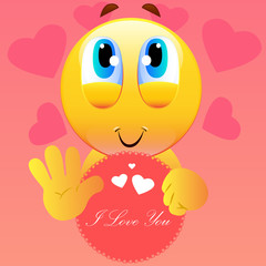 Illustration of adorable cartoon face holding a banner with I Love You text.
