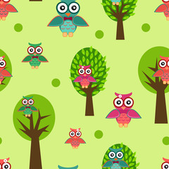 Illustration of a seamless pattern with colorful owls on trees.