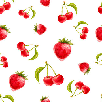 Watercolor seamless pattern with strawberries and cherries. Hand drawn design. Vector summer fruit illustration.