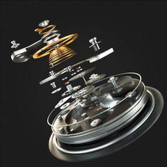 3d watch mechanism on black background. High resolution