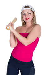 teenager girl in a red top and baseball cap holding a baseball bat. isolated on white background
