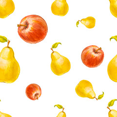 Watercolor seamless pattern with pears and red apples. Hand drawn design. Vector summer fruit illustration.