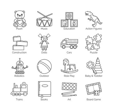 A collection of minimalistic thin line icons for various toys' kinds and categories and activities for kids, babies and toddlers, boys and girls. 