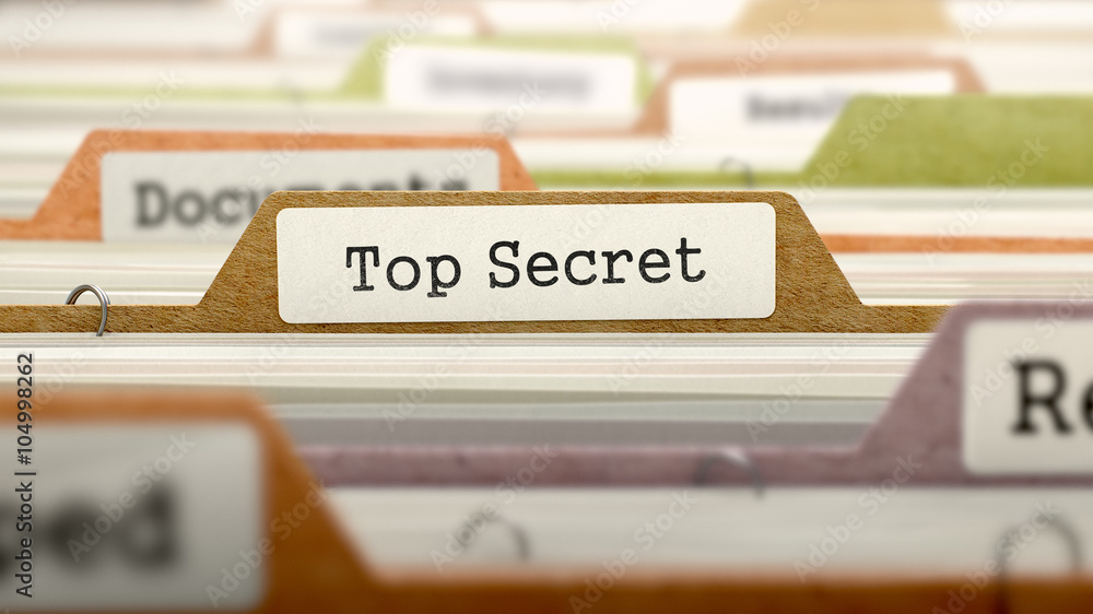 Poster File Folder Labeled as Top Secret in Multicolor Archive. Closeup View. Blurred Image. 3D Render.