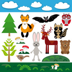 Funny set of cute wild animals, forest and clouds. Fox, bear, rabbit, raccoon, bat, deer, owl, bird.