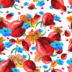 Pattern pomegranate fruit, leaves, tropical flowers in watercolor