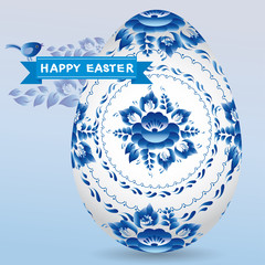 Vintage card with egg gzhel blue floral ornament, ribbon chick. Happy Easter.