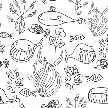 Black and white oceanic sea seamless pattern with cute whale. Great background for sea party invitation or tile textile.