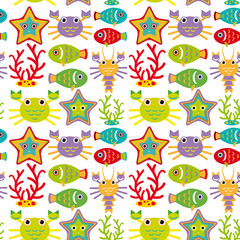 Seamless pattern with marine animals on a white background.