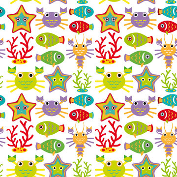 Seamless pattern with marine animals on a white background.