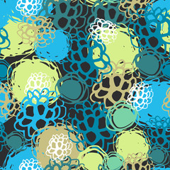 Seamless background black blue brown green flowers, circles, spots