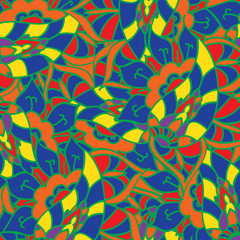 Vector doodle hand drawn pattern. Texture with abstract flowers. Bright ethnic backdrop. Summer template. For wallpaper, web page background. Colorful floral elements. 