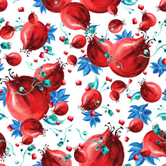 Pattern pomegranate fruit, leaves, tropical flowers in watercolor